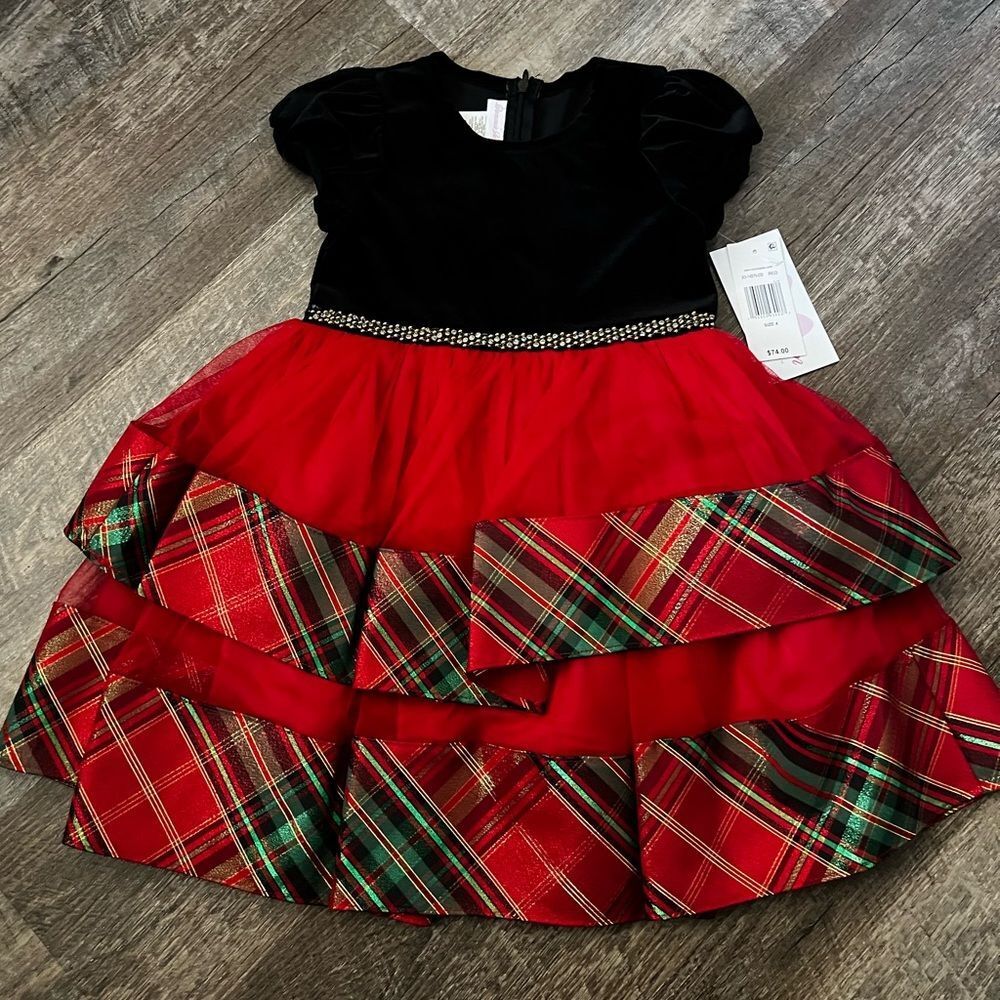 Bonnie Jean‎ Short Sleeve Velvet to Tiered Plaid Dress-Size 4